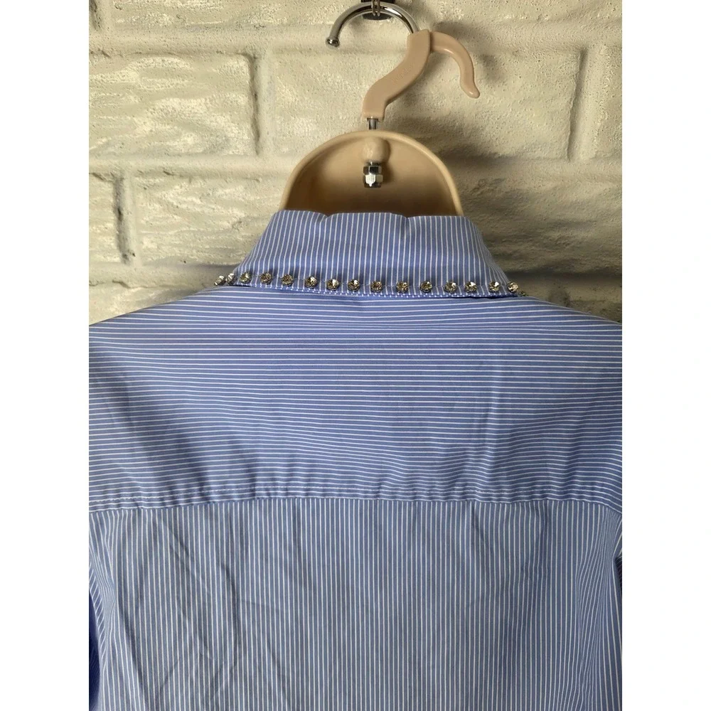 Western Women's blouse Sz Small BLUE B l/s Jewels Blue Pinstripe Button up NWT - Picture 2 of 13